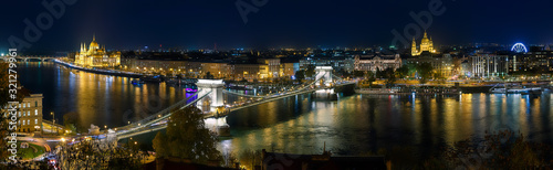 Colorful evening cityscape. Fantastic Night panoramic view at Budapest. Hungarian landmarks, Parliament and Chain Bridge, Popular Travel destinations. popular plases for photographers © jenyateua
