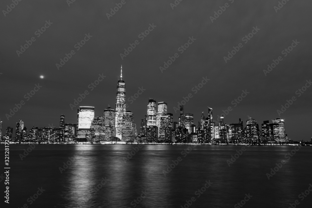 Black and White Lower Manhattan New York City Skyline at Night