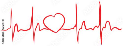 Heartbeat continuous line with shape of heart drawn by hand in red color. Medical vector illustration. Heart pulse cardiogram, medical background. Digital painting doodle style in vector EPS 10