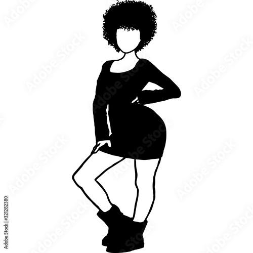 African American Curvy Woman in Short Dress, Black Afro People Silhouette Vector