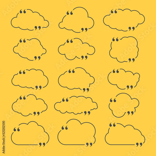 Quote box frame set as clouds isolated on yellow background. Template for posting quotes or motivational messages. Quotation, comment or thought bubbles.