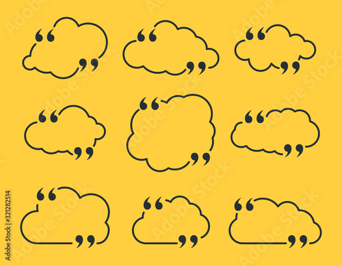 Quote box frame set as clouds isolated on yellow background. Template for posting quotes or motivational messages. Quotation, comment or thought bubbles.