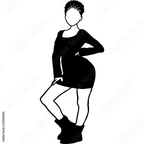 African American Curvy Woman in Short Dress, Black Afro People Silhouette Vector