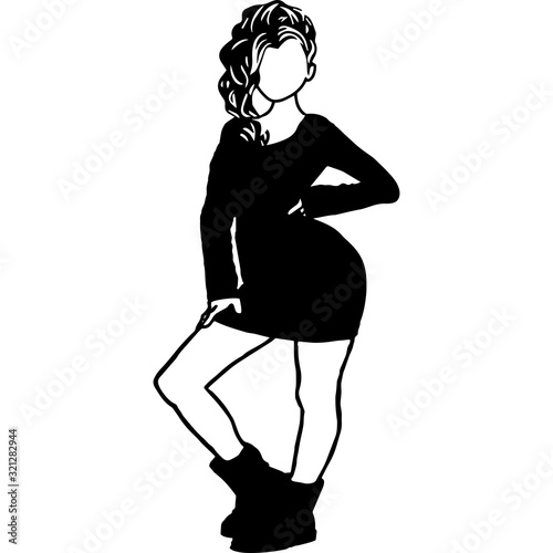 African American Curvy Woman in Short Dress, Black Afro People Silhouette Vector