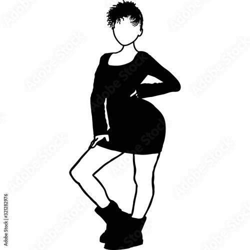 African American Curvy Woman in Short Dress, Black Afro People Silhouette Vector