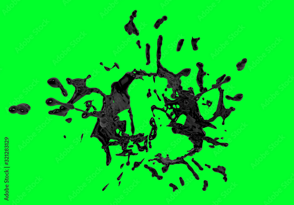 3d render, splash oil, black liquid on a green background.