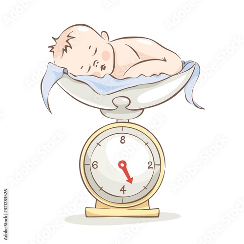 Babe on the scale. Vector illustration with a newborn child