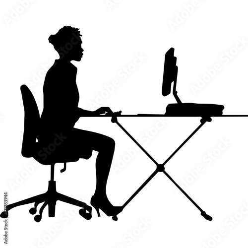  African American Woman on a Computer, Black Afro People Silhouette Vector