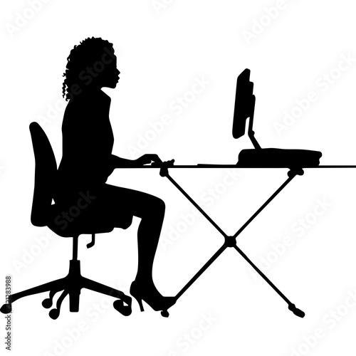  African American Woman on a Computer, Black Afro People Silhouette Vector