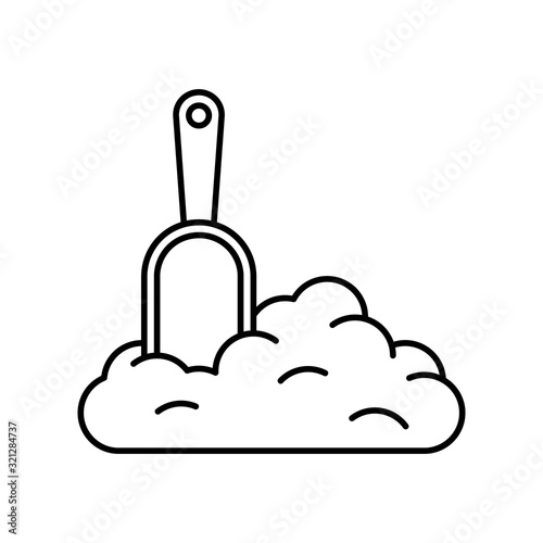 Contour pile of dry matter with stuck scoop. Black vector illustration of litter toilet, pet food, gardening soil, building materials. Linear icon of heap or mound of flour, grain, groats, sugar, salt