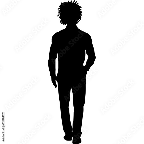 African Amercian Man Standing, Black Afro People Silhouette Vector