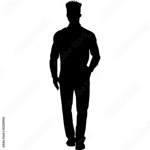 African Amercian Man Standing, Black Afro People Silhouette Vector