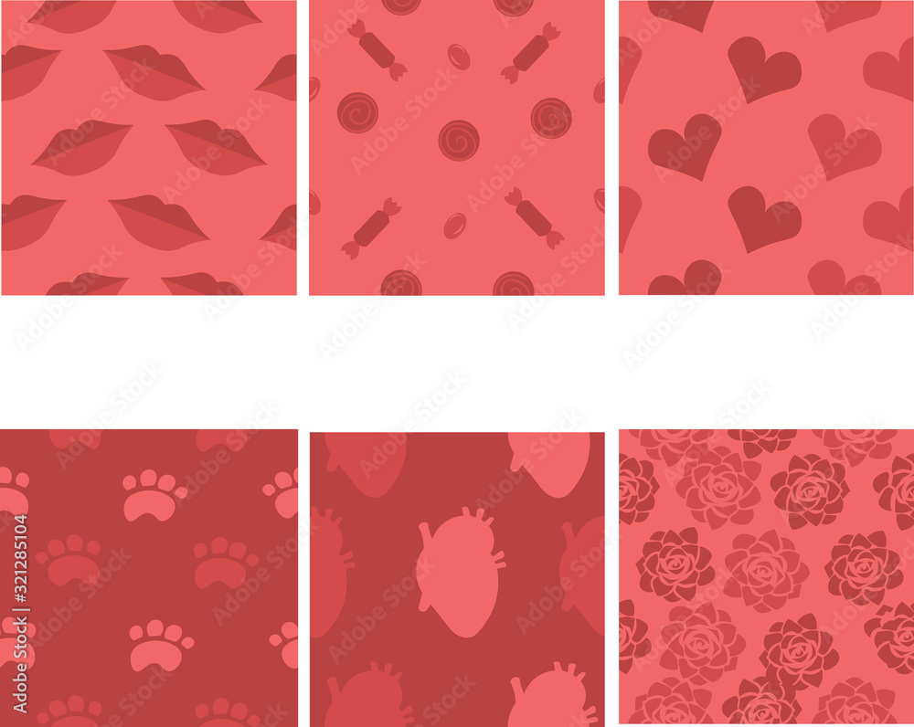 Set of pink patterns. Valentine's Day. Love and romance. Design for cards, invitations, gifts.
