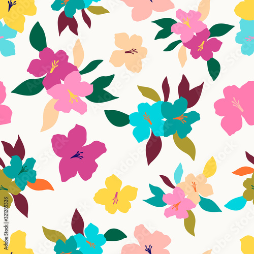 Seamless colourful pattern with decorative tropical flowers. Can be used for printing on paper, stickers, badges, bijouterie, cards, textiles. 