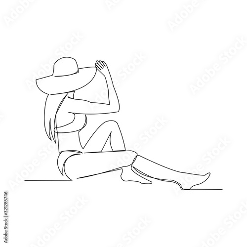 Continuous line drawing of beautiful and sexy girl with beach hat. Vector illustration.