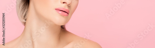 cropped view of tender girl with pink lips, isolated on pink, panoramic shot