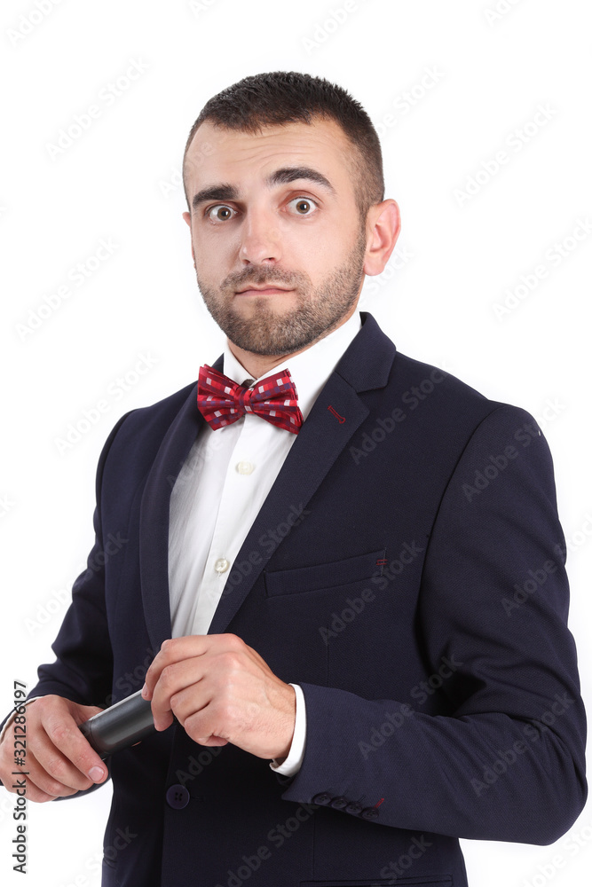 Cheerful businessman with microphone on white background Cheerful businessman with microphone on white background
