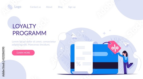 Customer loyalty program. Use a discount card to get a discount. Good buy. Check about payment for a product or service. Landing web page template.