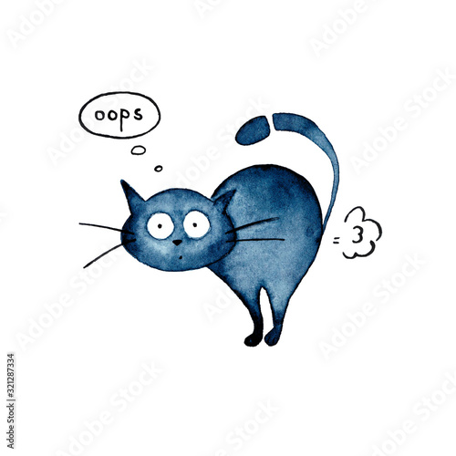 Cute funny blue cat farting and saying oops. Surprised kitten with big round eyes and a long tail. Watercolor painting. Hand drawn illustration photo