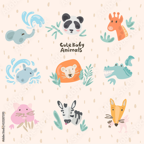 Cute Baby Animals Faces. Kawaii Cartoon Pictures. Doodles Isolated Vector Set for children. Illustrations for Baby Shower, Nursery ideas, Stickers, Emoji. Design Elements for kids. Funny Zoo Story.