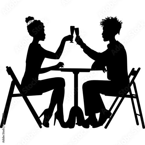 African Amercian Couple having Dinner, Black Afro People Silhouette Vector