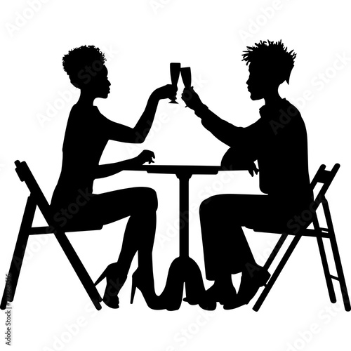 African Amercian Couple having Dinner, Black Afro People Silhouette Vector