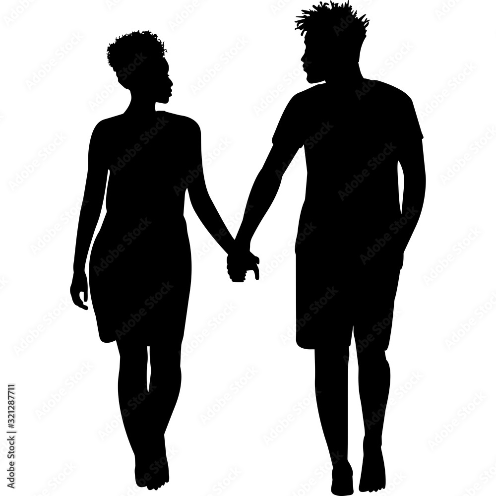 African Amercian Couple Walking, Black Afro People Silhouette Vector