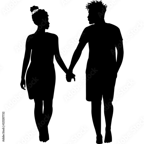 African Amercian Couple Walking, Black Afro People Silhouette Vector