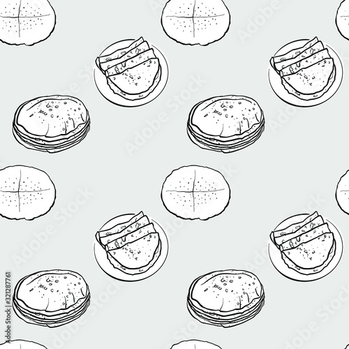 Flatbread seamless pattern greyscale drawing