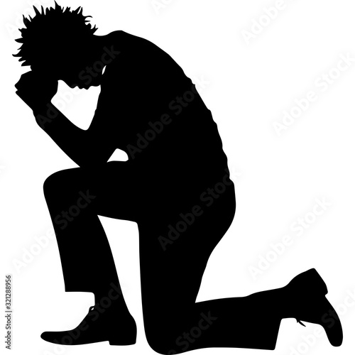 African Amercian Man Kneeling and Praying, Black Afro People Silhouette Vector