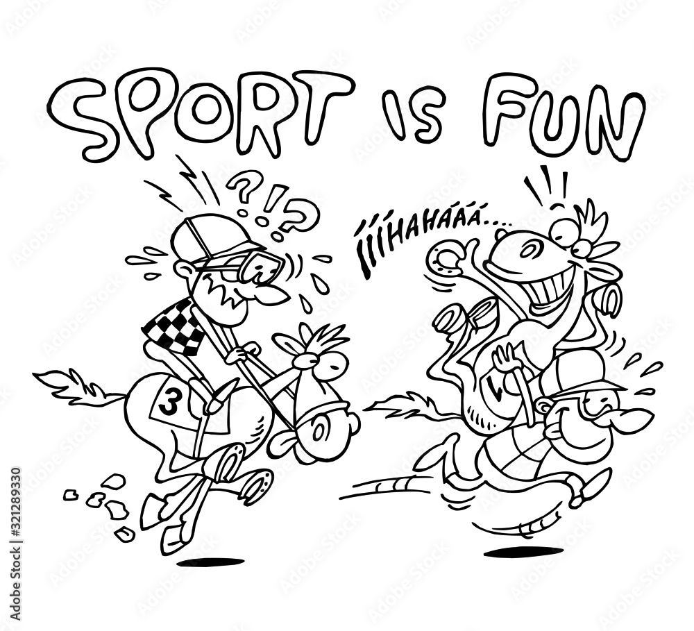 Horse race, jockey rides horse and horse rides jockey, sport joke, sport is fun, black and white cartoon Horse race, jockey rides horse and horse rides jockey, sport joke, sport is fun, black and white cartoon