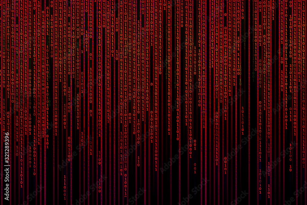 Imitation of a binary code in the form of a matrix. Red binary code flowing  down from top to bottom, isolated on black background. Concept: spam,  malicious information, viruses. Stock Illustration |