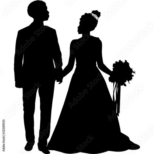 African Amercian Wedding Couple, Black Afro People Silhouette Vector
