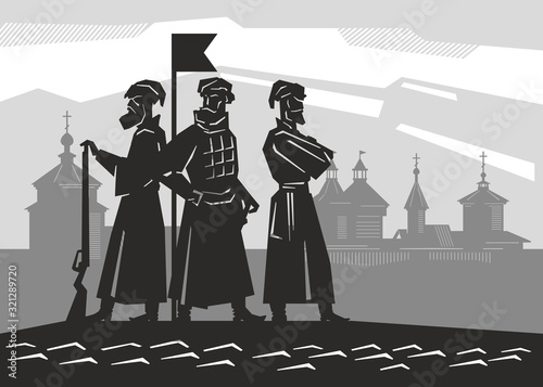 Silhouettes of Russian soldiers of the mid 17th century. Cossacks in Siberia. Silhouette of a wooden fortress