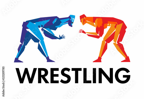 Wrestling Stylized figures of red and blue athlete prepare for battle. Vector graphics