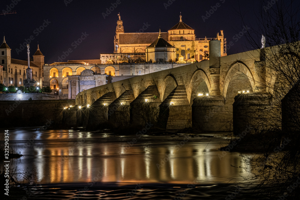 Puente romano de cordoba con la mezquita al fondo. Foto hecha de noche.