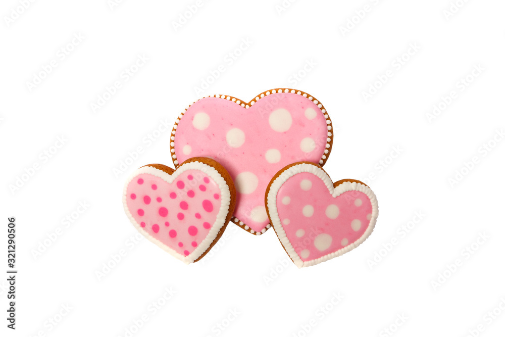 background from pink cookies heart shaped with different patterns, isolated