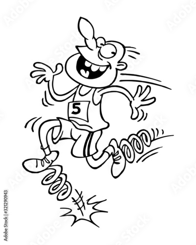Runner racing in sprint and jumping on steel springs, smart cheater, sport joke, sport is fun, black and white cartoon