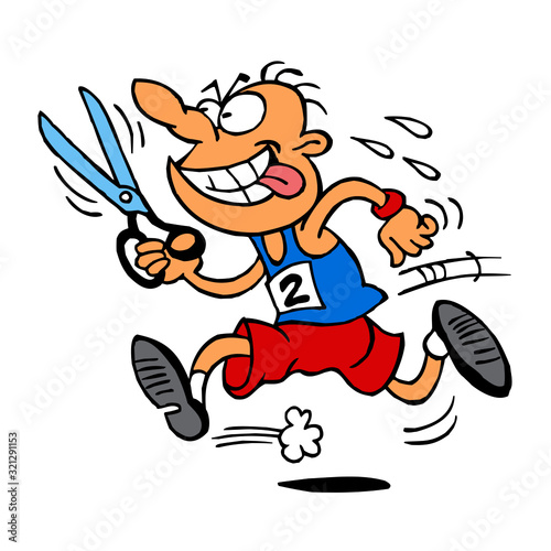 Runner running race with scissors in his hand to cut the finish tape, smart trickster, sports joke, sport is fun, color cartoon
