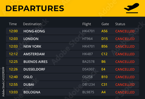 Departure board with all flights cancelled status Fototapet
