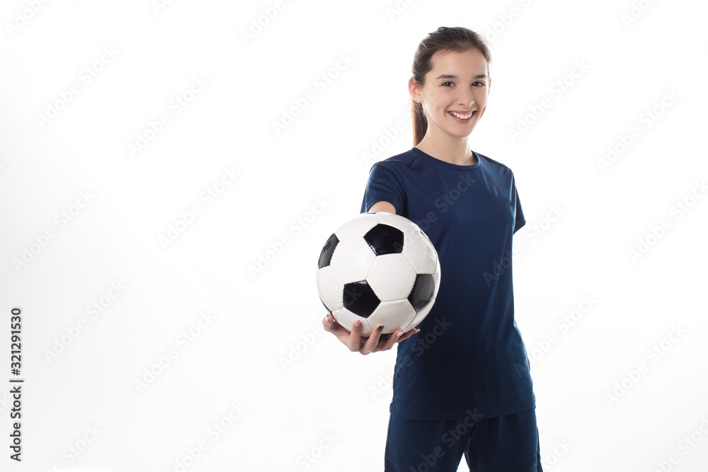 girl posing soccer player isolated on white background whit ball