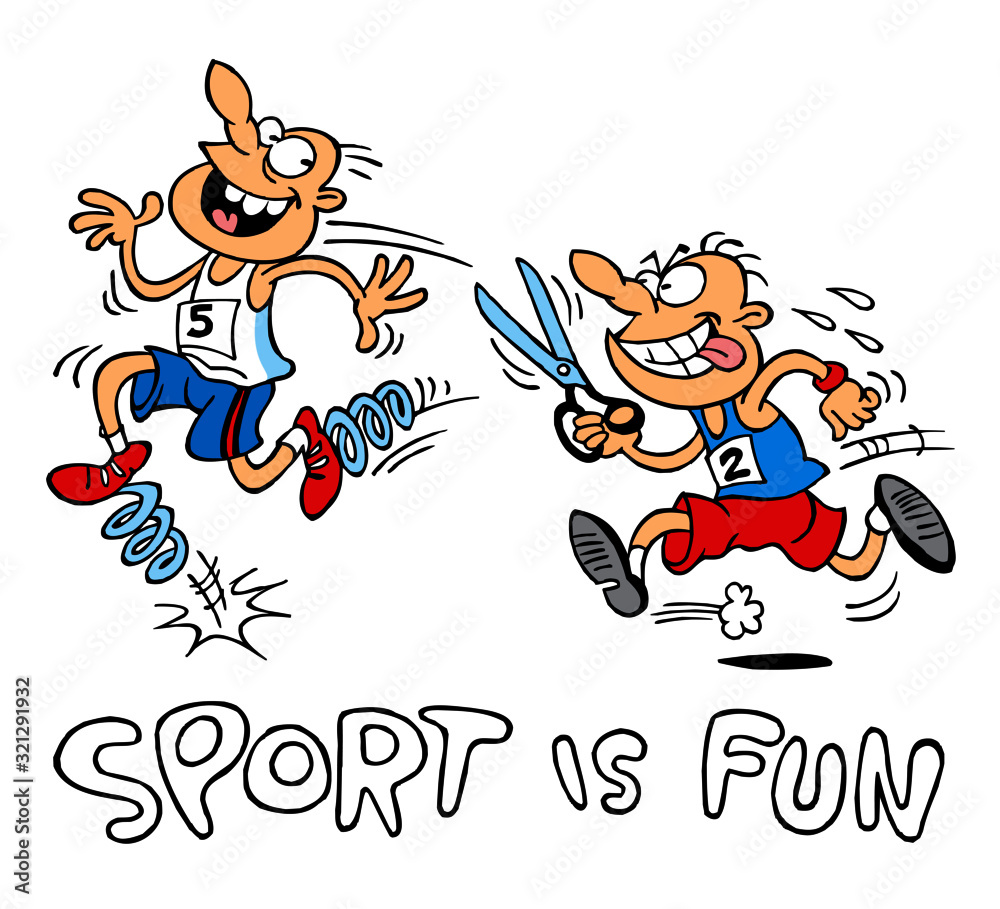 Runners racing in sprint, one jumps on steel springs and the other chasing him with scissors in hand, sport joke, sport is fun, color cartoon