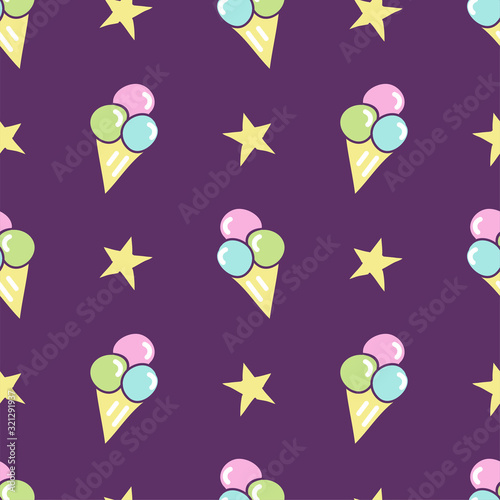 Vector cute seamless pattern with stars and ice cream balls in a waffle Cup. Purple background for modern kids textile, print, gift wrap.