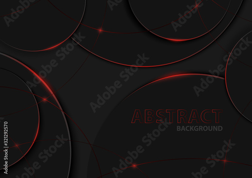 Abstract Geometric Circular Pattern on Black Background - Modern Illustration with Circles with Gloving Edges and Shadows, Vector Graphic