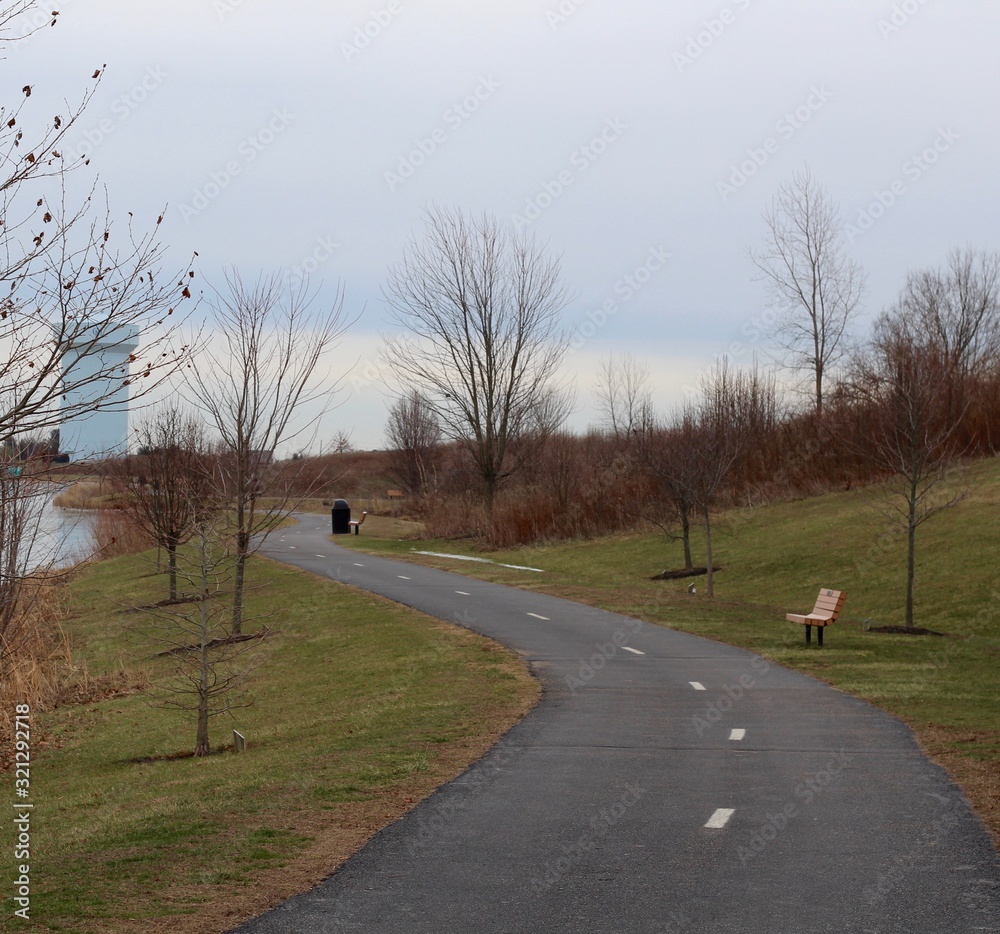 The winding path in the park on a cloudy day.