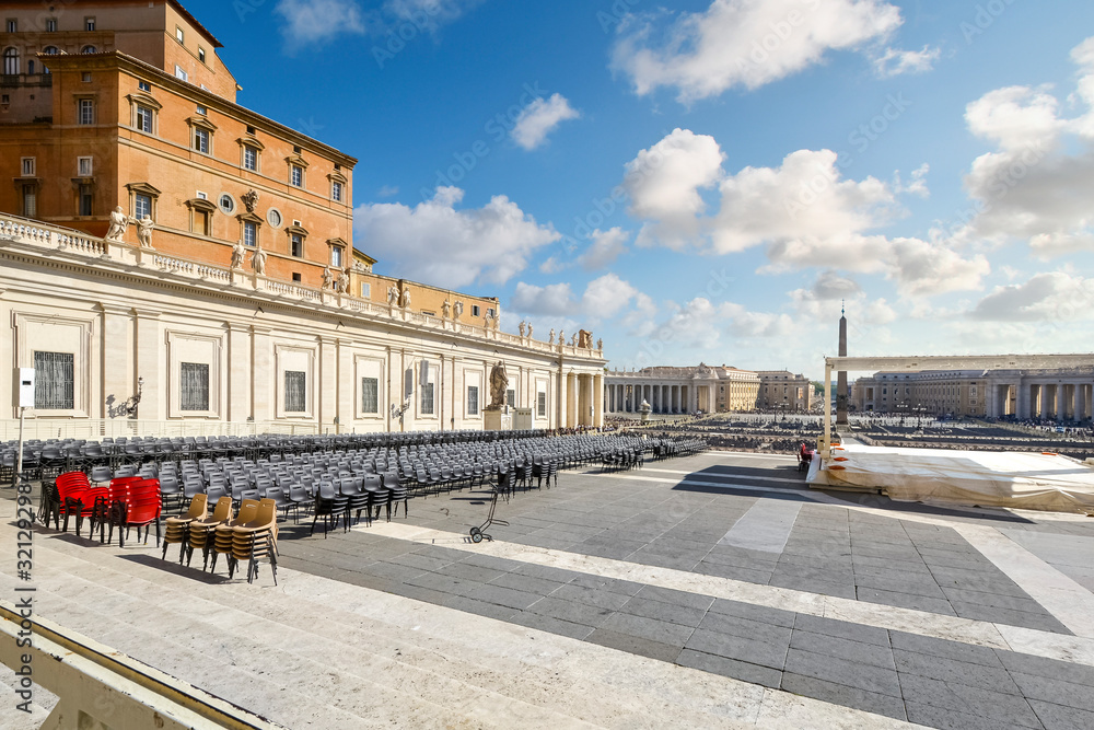 Chairs are lined up in preparation for a religious ceremony at St Peter's Square in Vatican City.