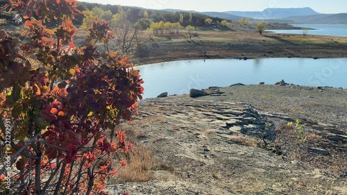 Simferopol water reservoir on sunny morning in autumn. Crimea, Russia.
