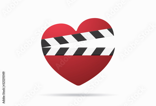 Romantic movie icon with heart clapper isolated. Vector illustration