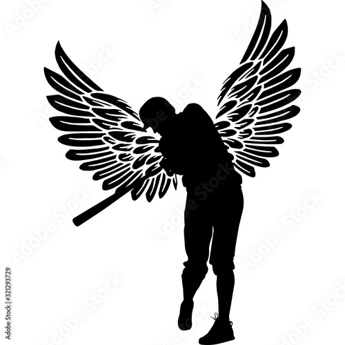 RIP Baseball Player, Memorial with Angel Wings Silhouette, Sympathy Silhouette, In Loving Memory of digital vector files