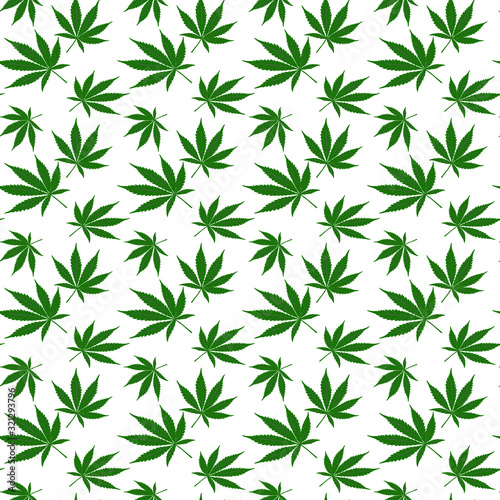 Seamless vector pattern. Background texture in geometric ornamental style. Green leaves of marijuana on a white background.